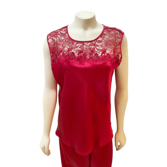 Oscar de la Renta Red Two Piece Satin Pajama Set Lace Back Large - Picture 6 of 12